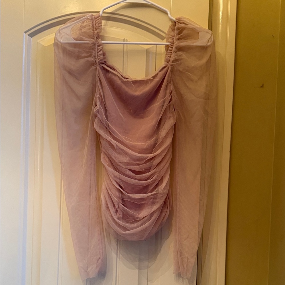 Sheer Ruched Long-Sleeve Top in Dusty Pink